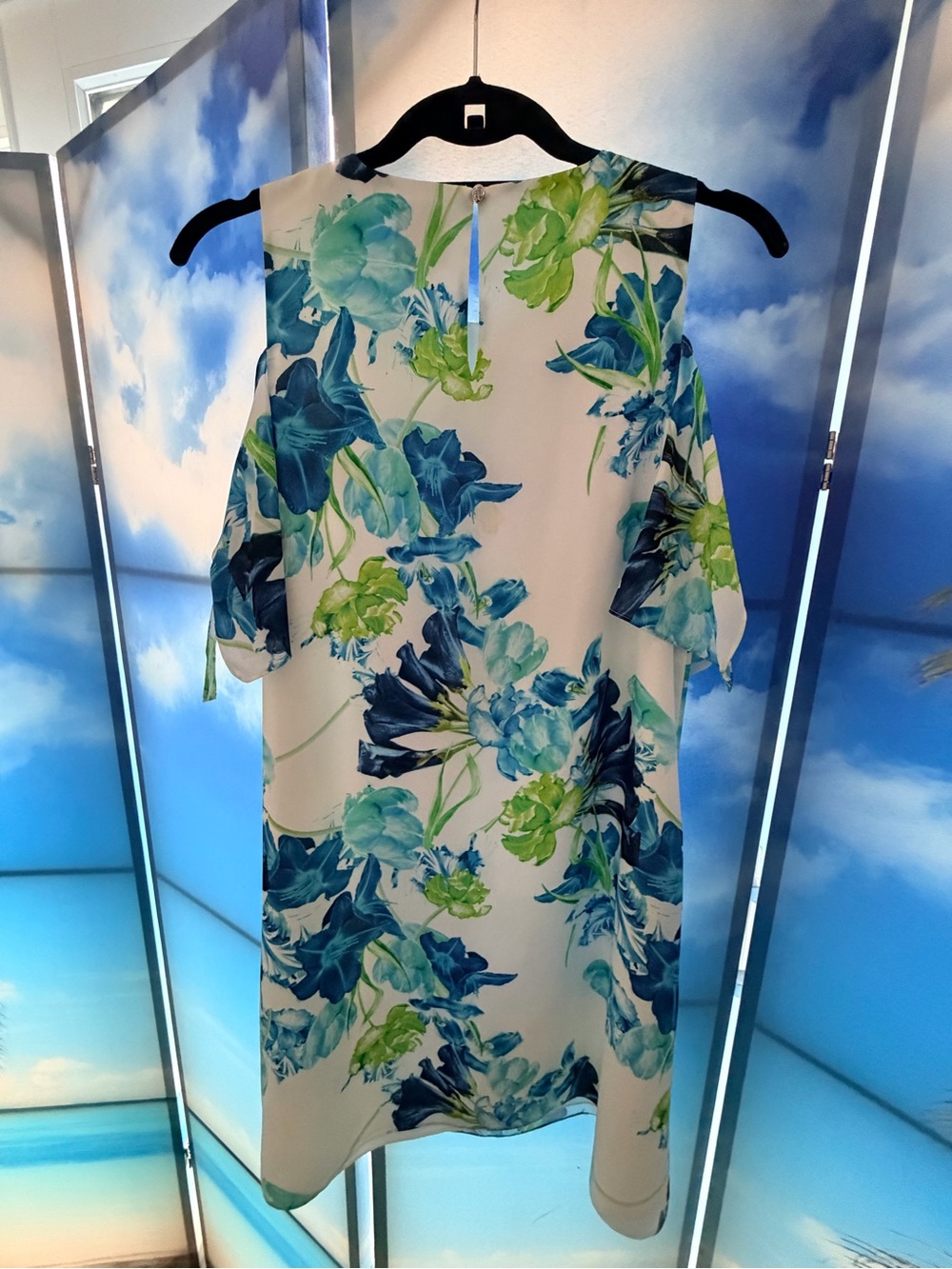 CeCe Cold-Shoulder Floral Shift Dress in Blue & Green on Cream